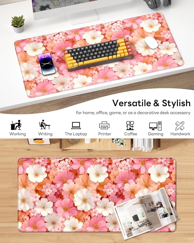 XL Gaming Mouse Pad, 31.5x15.7'' Large Desk Mat with Anti-Slip Rubber Base & Stitched Edges for Gaming, Office, Home - Floral