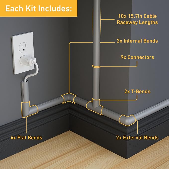 D-Line 157in Cord Cover Kit, Self-Adhesive Wire Hiders, Cable Raceway to Hide Wires on Wall, Electrical Cable Management - 10x 15.7 Lengths & 19 Accessories - 1.18" (W) x 0.59" (H) - Gray - Image 2