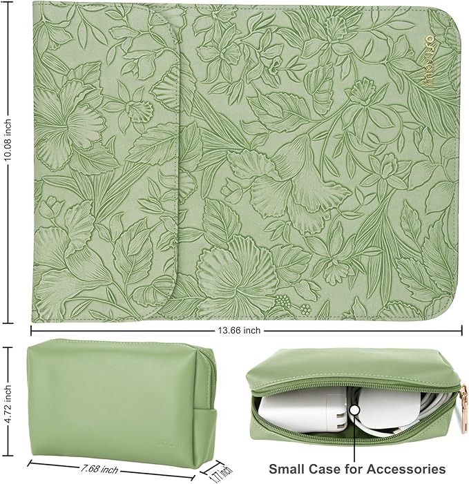 MOSISO Laptop Case 13 inch, 13 inch Laptop Sleeve Compatible with MacBook Air M4 M3 M2 M1 2025-2018 / Pro M2 M1 2025-2016, Embossed Retro Hibiscus PU Leather Case with Small Bag, Sage Green