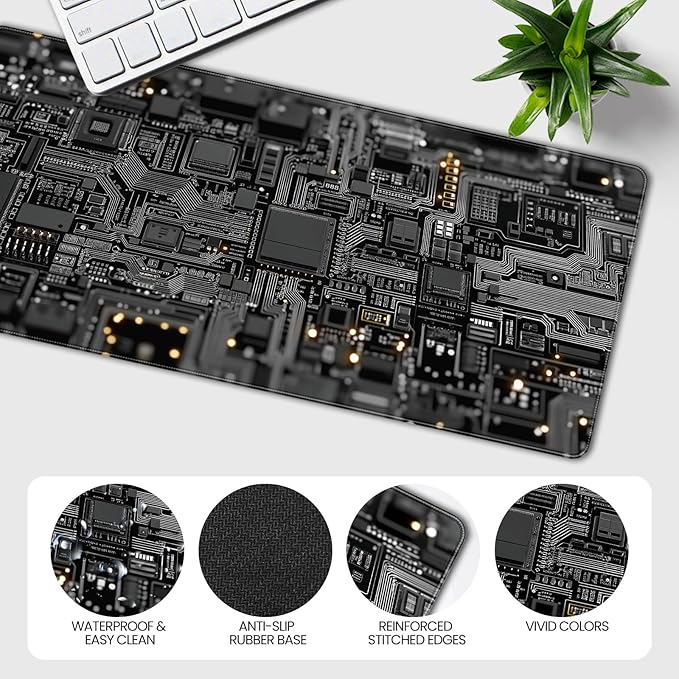 Large Gaming Mouse Pad, Circuit Board Design, Tech-Style Desk Mat, Extended Size 35.4 x 15.7 inches, Non-Slip Base, Microfiber Surface, Waterproof, Suitable for Gaming and Office Use.