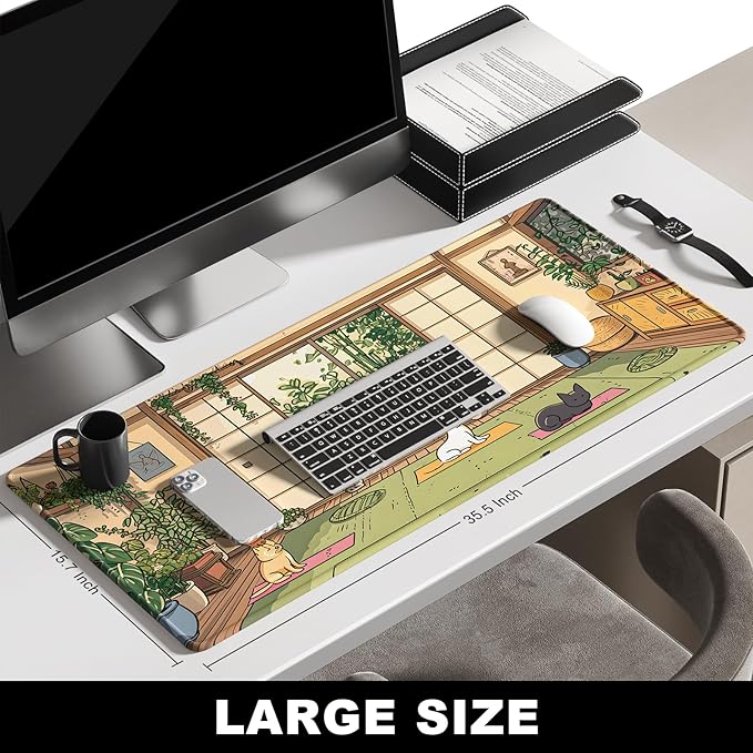 BOSOBO Large Mouse Pad, Extended XXL Desk Pad for Office & Home, Keyboard Mat, Full Cover Desktop Mat, Lofi Cats Yoga - 35.5 x 15.7 Inches