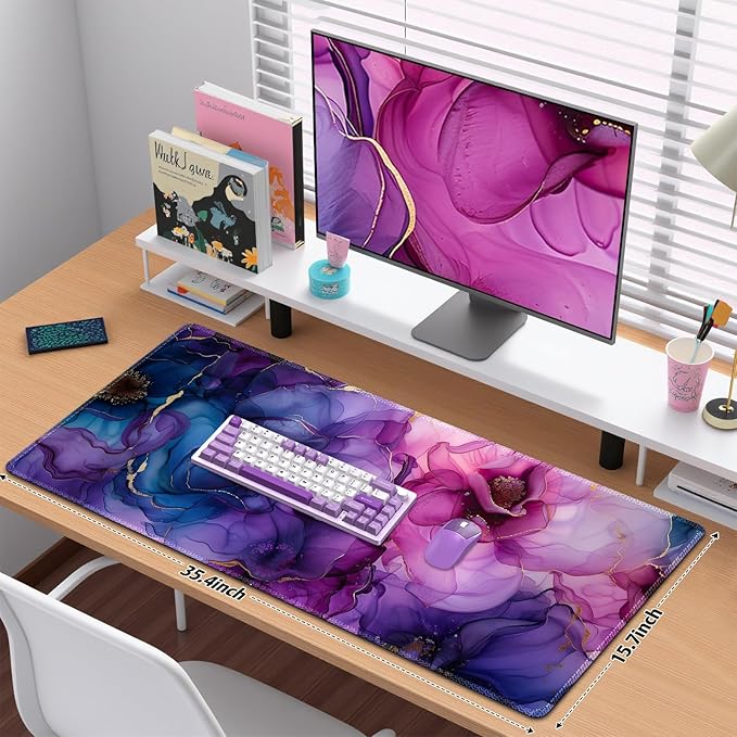 Desk Matt for Desktop, Desk Pad Mat, DeskMat for Keyboard and Mouse, XXL Large Mouse Pad for Desks, Anti-Slip Big Mousepad with Stitched Edges, Mouse Mat Protector for Computer Laptop, Painting Floral