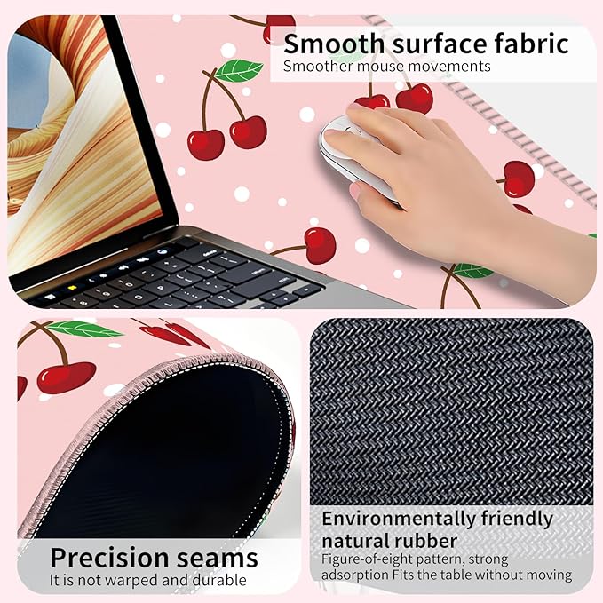 Desk Mat,Big Desk Pad,31.5 x 11.5in Extended Gaming Mouse Pad,Large Mouse Pad for Desk Rubber Base Mousepad with Stitched Edges,Keyboard Mouse Mat for Work Game Office Home - Cute Cherry