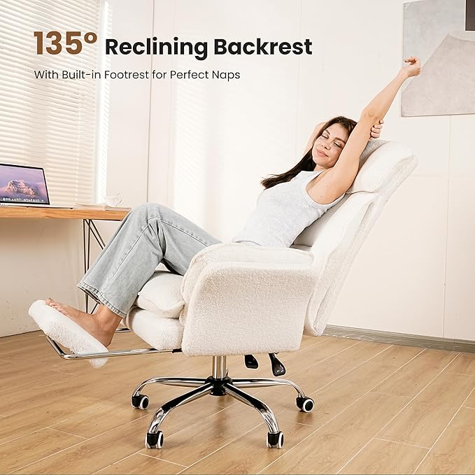 Big and Tall Office Chair, Flip Armrests for Pets & Cross Legged Sitting, Executive Ergonomic Computer Gaming Chair with Foot Rest, Teddy Fleece Wide Seat Reclining Desk Chair, Pink