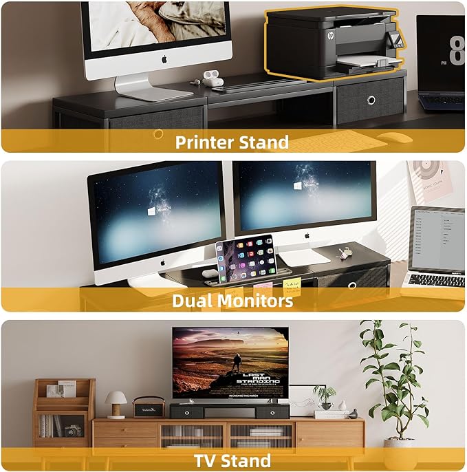 39 Inch Dual Monitor Stand Riser with 2 Drawers - Large Black Wooden Computer Stand for 2 Monitors, Ergonomic Desk Organizer with Phone Holder, Desktop Storage for Laptop, Office Supplies, Home Office