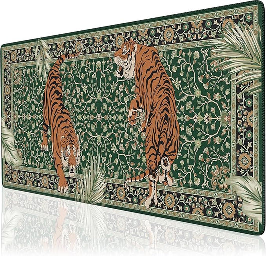 Desk Pad Mat, Stitched Edges Cute Desk Mat, Non-Slip Tiger Desk Mat Gaming, Smooth Green Mouse Pad, Soft Desk Cushion for Office Home 35.4 x 15.7 Inches (Green)