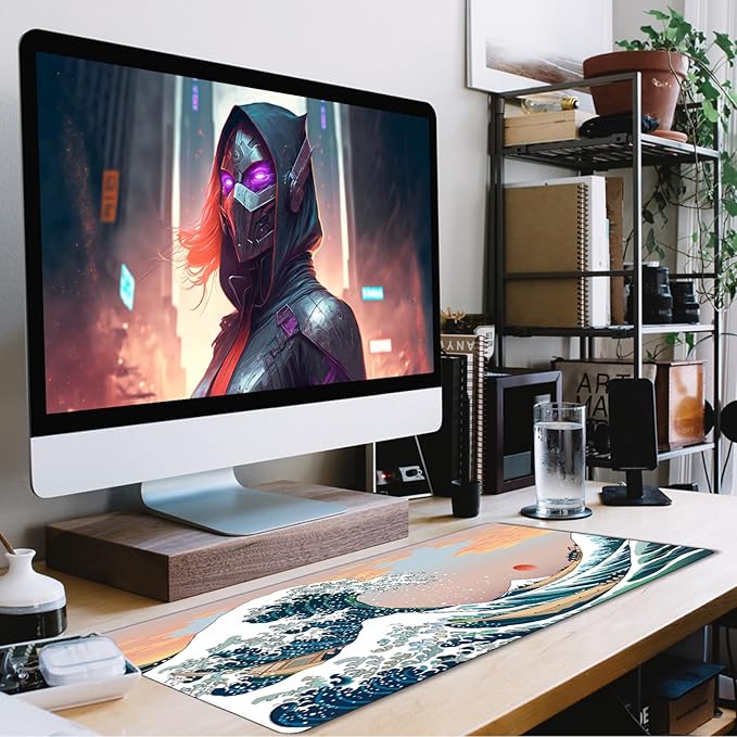 Japanese Large Mouse Pad, DeskMat Office Desk Pad, Extended Large MouseMat for PC, Stitched Edges Gamer Mousepad 31.5 X 15.7 Inch Long Mice Pad, Sunset Sea