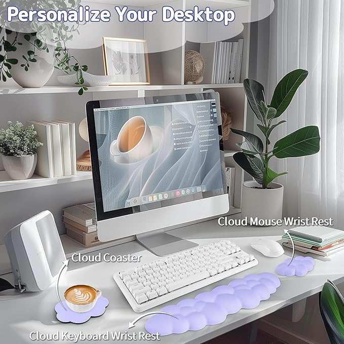 Sushret Cloud Wrist Rest Keyboard, Cloud Keyboard Wrist Pad Set with PU Leather Memory Foam, Cute Arm Rest for Palm Support, PC/Gaming Desk Accessories/Office Setup/Computer Hand Cushion - Purple