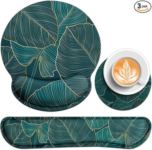Mouse Pad with Wrist Rest Set, 3-in-1 Wrist Support Mousepad Set, Gaming Mat Pad with Anti-Skid Base,Ergonomic Mouse Pad Green,Memory Foam Gel Wrist Rest for Computer Keyboard