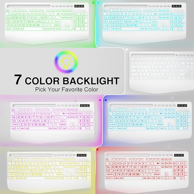 SABLUTE K21Pro Large Print Backlit Computer Keyboards, Wired Lighted USB Keyboards with 7-Color Backlit, Wrist Rest, Phone Holder, Easy to Read and Type for Laptop, PC, Windows, Desktop (White)