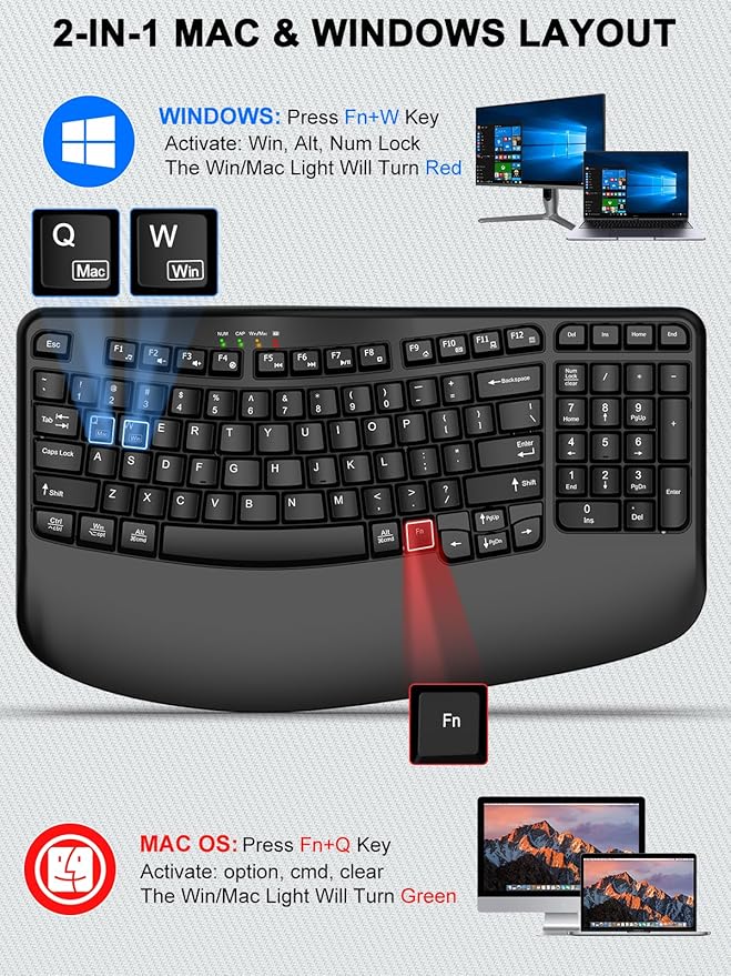 Ergonomic Wireless Keyboard with Wrist Rest, Wave Keys, Comfortable Natural Typing, 2.4GHz Ergo Wireless USB Computer Keyboard for Large Hands, Windows, Mac, Laptop, PC