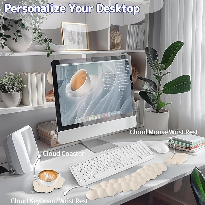 Sushret Cloud Wrist Rest for Keyboard and Mouse, Memory Foam PU Leather Keyboard Wrist Rest with Ergonomic Support, Non-Slip Base, Cute Arm Rest Pad & Palm Cushion, Office Desk Accessory, Beige
