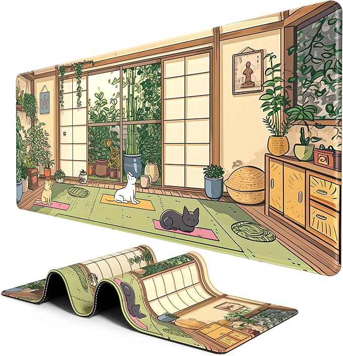 BOSOBO Large Mouse Pad, Extended XXL Desk Pad for Office & Home, Keyboard Mat, Full Cover Desktop Mat, Lofi Cats Yoga - 35.5 x 15.7 Inches