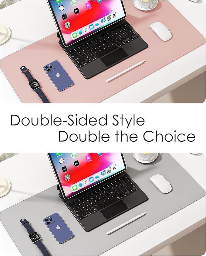WAYBER Leather Desk Pad Protector, Waterproof Mouse Pad, PU Desk Mat, Office Desk Cover, Desk Writing Mat for Office/Home/Work/Cubicle (Pink/Silver) 23.6x13.7in