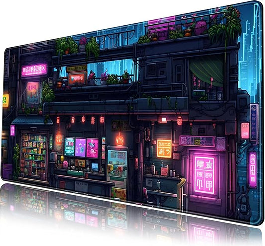 Cyberpunk Desk Mat 31.5''X15.7'' Neon Lights Desk Pad Large Gaming Mouse Pad Modern City Ramen Shop Extended Mousepad XXL Japanese Keyboard Mouse Mat for Computer Laptop Gamers