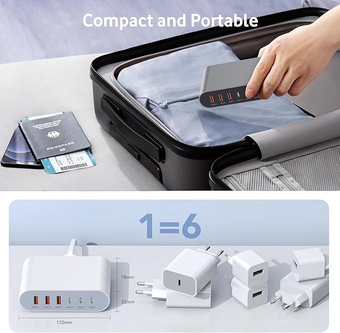 100W USB C Fast Charger Block Compact GaN 6 Port PD USB C and QC USB A Wall Charger Type C Charging Station Hub Adapter Plug Cube Brick for iPhone 17 16 15 14 Pro Max iPad Pro Air Samsung Pixel LG