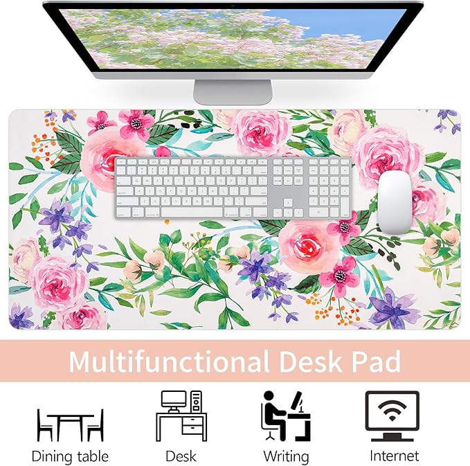 Leather Desk Pad, Pink Floral Desk Matt for Desktop, Women Girls Waterproof Large Keyboard Pad, Cute Computer Mat for Office Work/Home/Decor/Desktop Accessories (31.5"x15.7")
