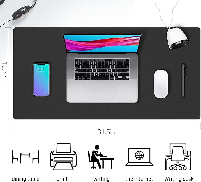 Aothia Double-Sided PU Leather Desk Pad - Non-Slip Large Mouse Pad & Desk Mat for Office, Home - Waterproof, Easy to Clean, Durable Dual-Sided Surface (31.5" x 15.7", Black)