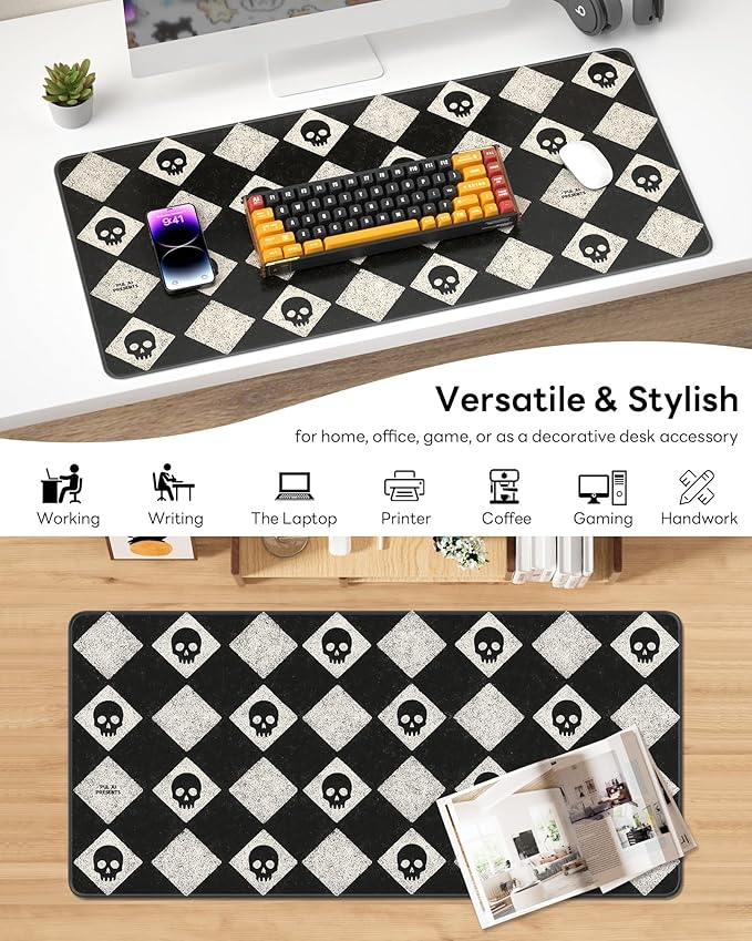 XL Gaming Mouse Pad, 31.5x15.7'' Large Desk Mat with Anti-Slip Rubber Base & Stitched Edges for Gaming, Office, Home - Cute Skulls
