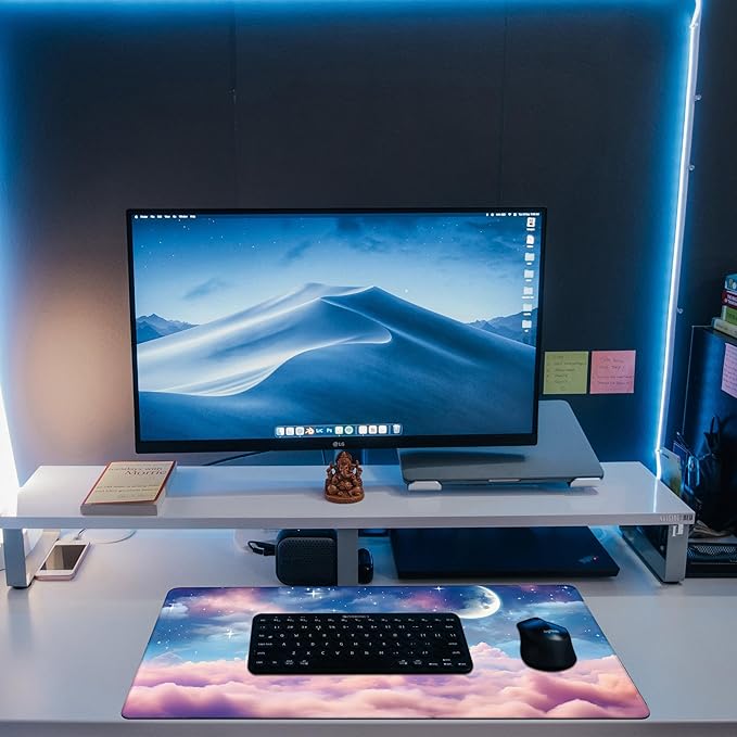 Desk Pad, Watercolor Fantasy Clouds Cape Desk Mat, Stars and Crescent Moon Large Gaming Mouse Pad for Desk, 31.5"x15.7" Extended Big Computer Mouse Pad with Non-Slip Base and Stitched Edge