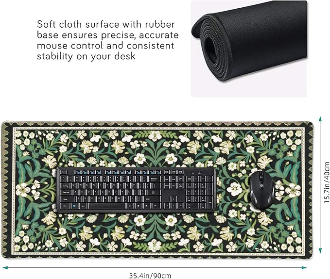 Floral Dark Green XXL Desk Pad - Extra Large Anti-Slip Mouse Pad with Stitched Edges for Computer, Keyboard & Office | Aesthetic Desk Mat for Women, Home Office Decor & Supplies