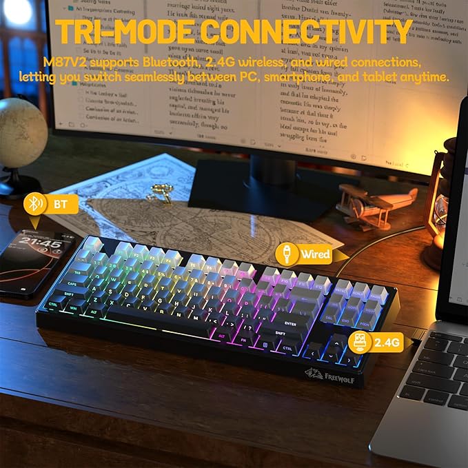 M87V2 87 Keys Membrane Gaming Wireless Keyboard,80% TKL Layout Side Printed Keys Retro Cute Creamy,RGB Backlit 4000mAh 2.4G/BT/Wired Computer Silent Keyboard for MAC PC-Gradient Black