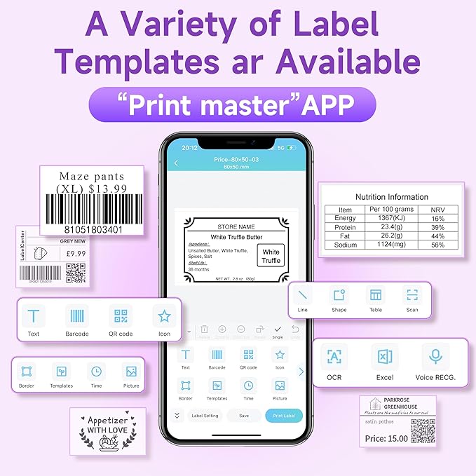 M220 Bluetooth Label Maker, Sticker Maker Support Printing 0.78-3.14 inch, Mini Thermal Printer for Small Business & Home，Portable Printer Compatible with Smartphone and PC （Purple）