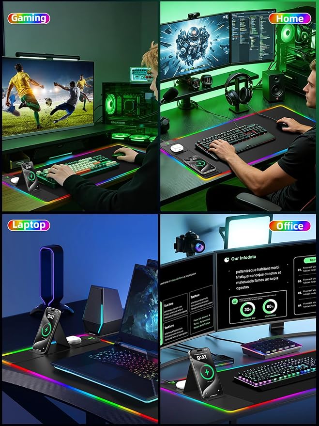 Mouse Pad with Adjustable Phone Stand Dual Wireless Charger, 15W Fast Charging Desk Mat, Extra Large 31.5x15.75 Waterproof Desk Pad for iPhone Samsung Air-Pods, Gaming Mousepad w/ 11&4 RGB