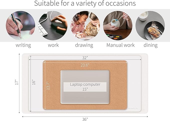 RENMTURE Dual-Sided Mouse Pad, Natural Cork & PU Leather Large Desk Pad for Office and Home Work, Desk Protector Non-Slip, Waterproof, Easy Clean (White, 23.6" x 13.7")