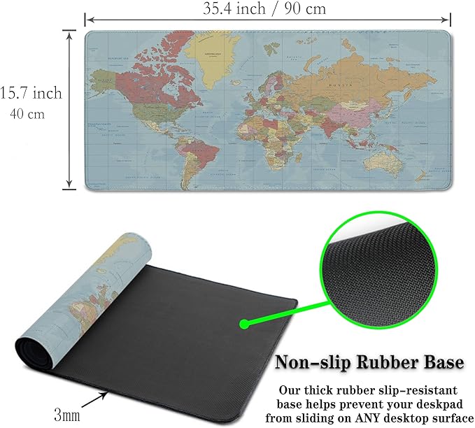 Desktop Mat World Map Full Desk Mouse Pad, Office Gaming Mousepad Large Mousepad, Computer Pad Non-Slip Rubber Base Waterproof with Stitched Edges, 35.4 X 15.7 in for Work/Game/Office/Home