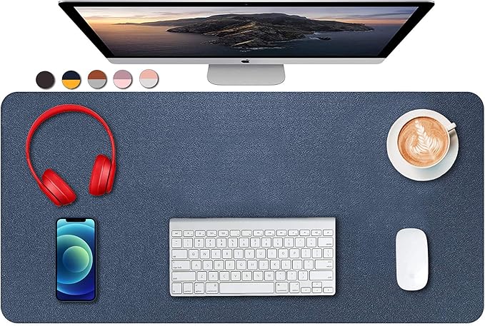 Dual Sided PU Leather Desk Pad, Mouse Pad, Office Desk Mat, Non-Slip Laptop Desk Pad, Waterproof Desk Writing Pad for Office and Home (31.5" x 15.7", Dark Blue + Yellow)