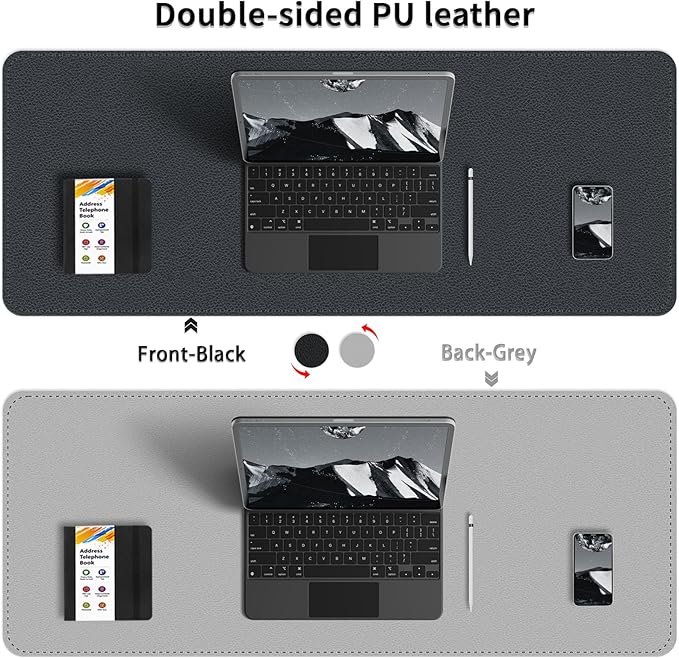 Bleswin Double-Sided Desk Mat, 23.6''×13.8'', PU Leather Mouse Pad, Waterproof Desk Pad, Laptop Leather Desk Mat, Protector for Keyboard and Mouse for Office and Home (Black+Grey)