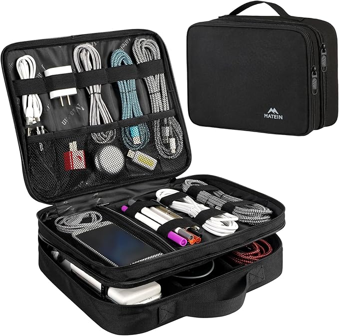 MATEIN Cable Organizer Bag, Large Travel Storage Bag Sturdy Tool Case with Handle for Phone Cord Electronics Accessories, Carrying Case for Tablet (Up to 12.9inch), Powerbank, Hard Drive, Black by MATEIN