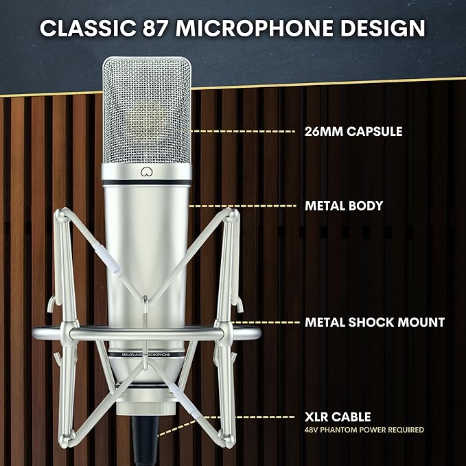Melon Audio MA-87 Studio Condenser Microphone, 26mm Gold Large Diaphragm Capsule, Including Foam Filter, Metal Shock Mount, XLR Cable and Mic Bag - for Singing, Vocal Recording and Podcasting