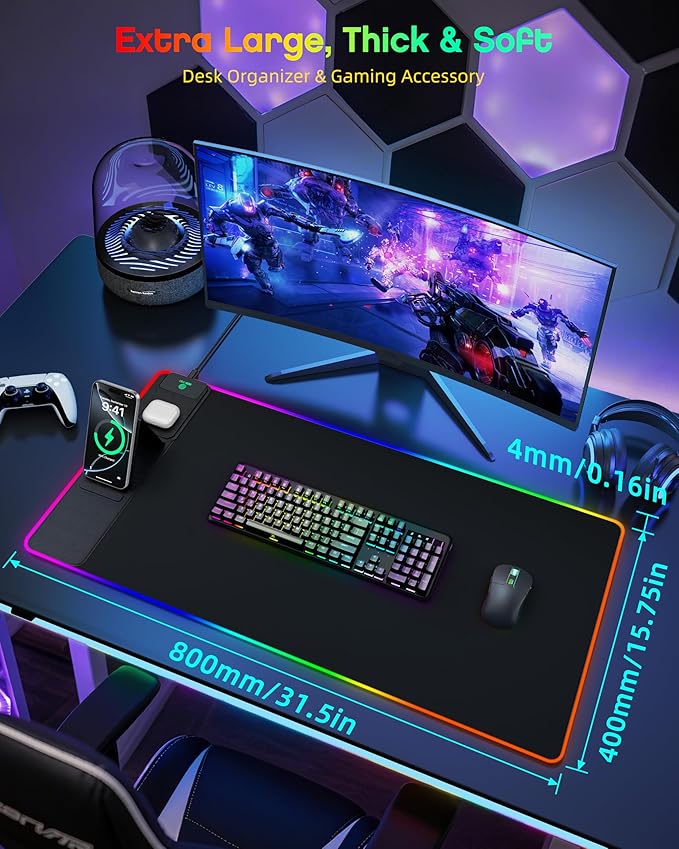 4-in-1 RGB Gaming Mouse Pad with Wireless Charging & Phone Stand, 31.5"x15.8" Large, 24 Light Effects, Non-Slip Base, Waterproof Ultra-Smooth Surface, with Adatper