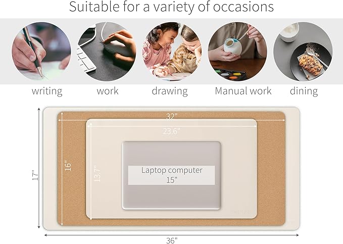 RENMTURE Desk Pad, Cork & PU Leather Desk Mat, Large Mouse pad, Non-Slip Desk Protector and Blotter, Waterproof Writing Pad, Desk Accessories and Organizers for Home Office (Apricot,32"x16")
