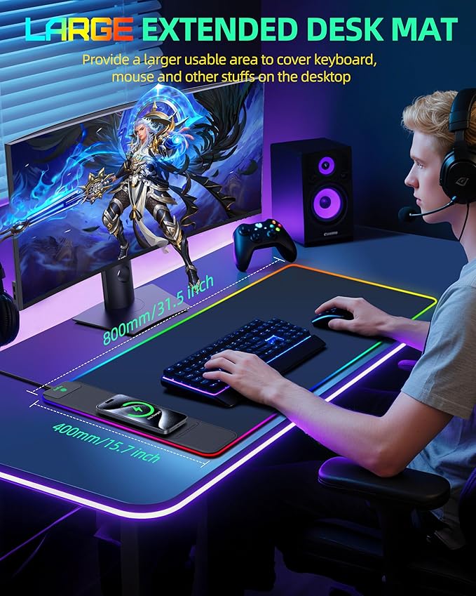 Wireless Charging Mouse Pad, RGB Gaming Desk Mat, 31.5"x15.7" Large XXL Desk Pad, 15 Lighting Modes, Ultra-Smooth Surface, Non-Slip Mouse Mat, Waterproof Computer Keyboard Pad for Desk, Office, Black