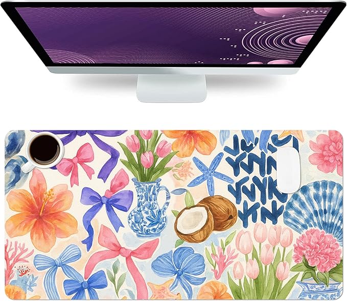 Large Mouse Pad, Floral Bow Desk Mat for Desktop, Women Girls Flowers PU Leather Waterproof Desk Pad, Computer PC Laptop Protector Gaming Mouse Pads for School Office Home 23.6" x 11.8"