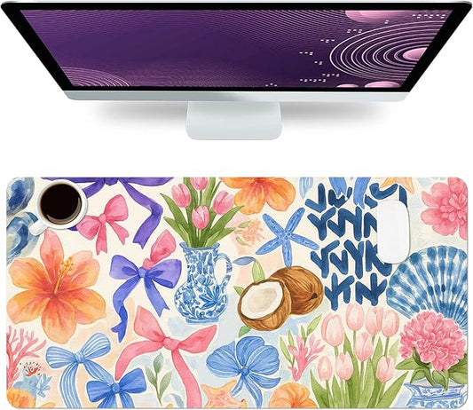 Large Mouse Pad, Floral Bow Desk Mat for Desktop, Women Girls Flowers PU Leather Waterproof Desk Pad, Computer PC Laptop Protector Gaming Mouse Pads for School Office Home 23.6" x 11.8"
