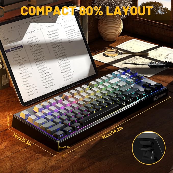 M87V2 87 Keys Membrane Gaming Wireless Keyboard,80% TKL Layout Side Printed Keys Retro Cute Creamy,RGB Backlit 4000mAh 2.4G/BT/Wired Computer Silent Keyboard for MAC PC-Gradient Black