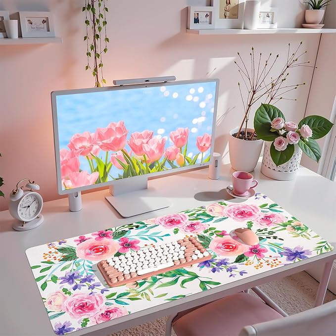 Leather Desk Pad, Pink Floral Desk Matt for Desktop, Women Girls Waterproof Large Keyboard Pad, Cute Computer Mat for Office Work/Home/Decor/Desktop Accessories (31.5"x15.7")