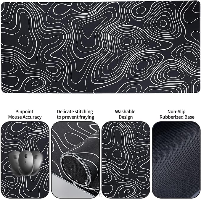 Bloss Keyboard Mouse Pad Set, Large Gaming Desk Pad+Keyboard Wrist Rest+Mouse Wrist Cushion+Coaster, Non-Slip Desk Mat, Home Office Essentials-Black and White Topography (35.4 x 15.7 Inches)