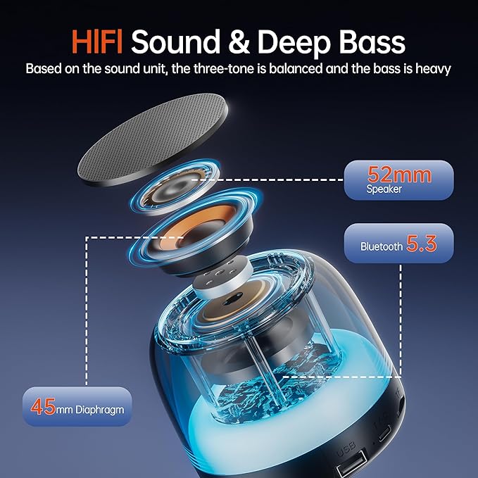 Portable Speaker Bluetooth with Loud Stereo Bass Sound, Mini Wireless Speaker with 7 RGB Lights, TF-Card USB, TWS Pairing, 4H Playtime, IP7 Waterproof Speakers for Travel Party Home Outdoor Gift
