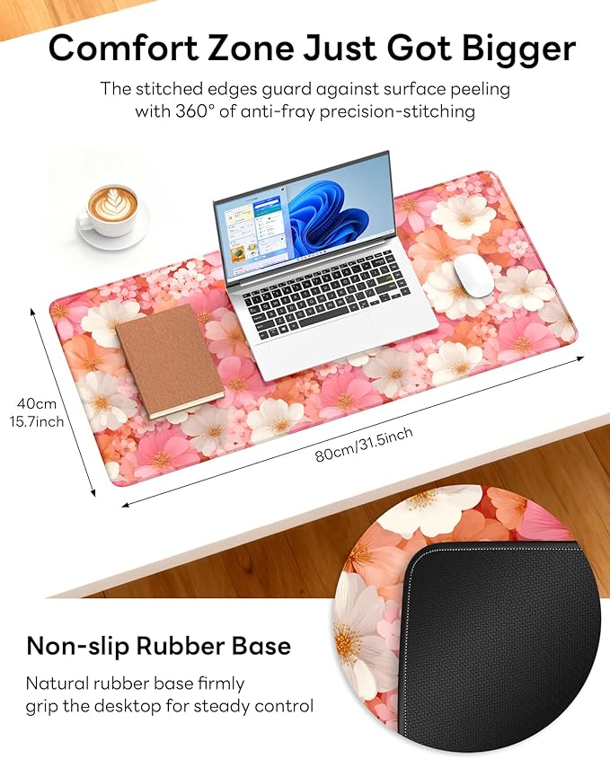 XL Gaming Mouse Pad, 31.5x15.7'' Large Desk Mat with Anti-Slip Rubber Base & Stitched Edges for Gaming, Office, Home - Floral