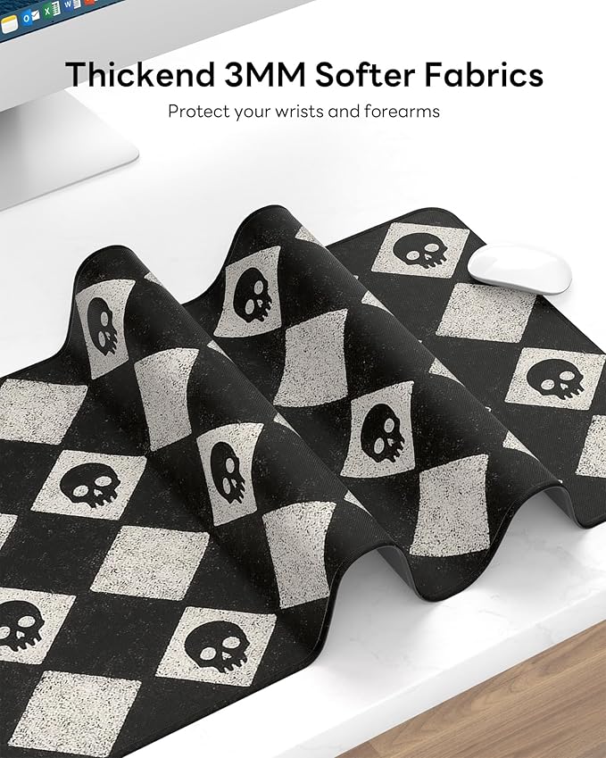XL Gaming Mouse Pad, 31.5x15.7'' Large Desk Mat with Anti-Slip Rubber Base & Stitched Edges for Gaming, Office, Home - Cute Skulls