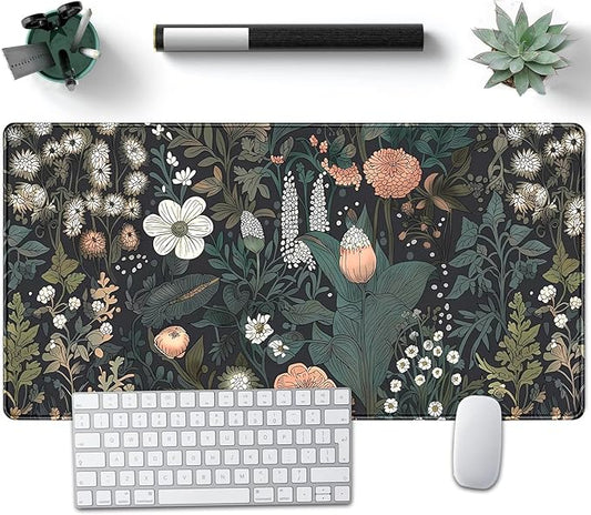 Dark Flower Desk Mat Floral Plants Mouse Pad Boho Aesthetic Wildflowers Large Gaming Mousepad Desk Pad, XXL Keyboard Mouse Mat Full Desktop Mat Women Office Desk Accessories 31.5"x15.7"