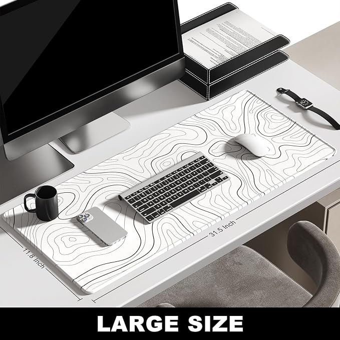 BOSOBO Large Mouse Pad, Desk Mat, XXL XL Extended Gaming & Office Mat, Full Cover 31.5" x 11.8", Topographic Map White