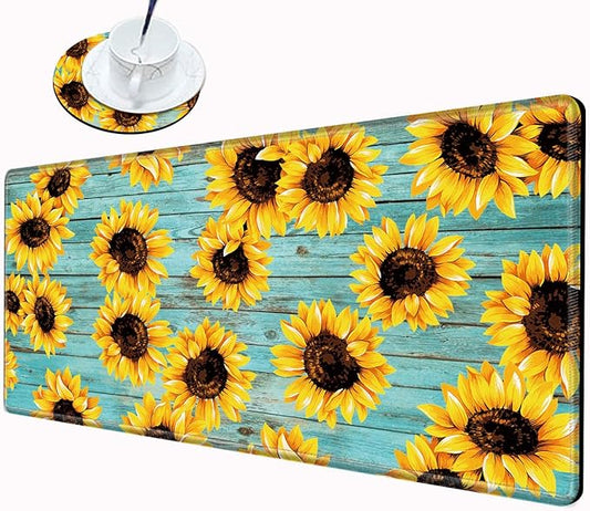 Gaming Mouse Pad Large Mousepad Sunflower Desk Mat XXL Big Desk Pad Rubber Base Computer Pad with Stitched Edges Mouse Mat for Work Game Home Office