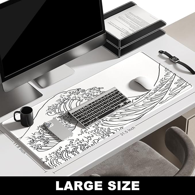 BOSOBO Large Desk Mat, XXL Extension - Gaming & Office Home Use, Full Cover 31.5 x 11.8 Inches, Art Kanagawa Surfing White