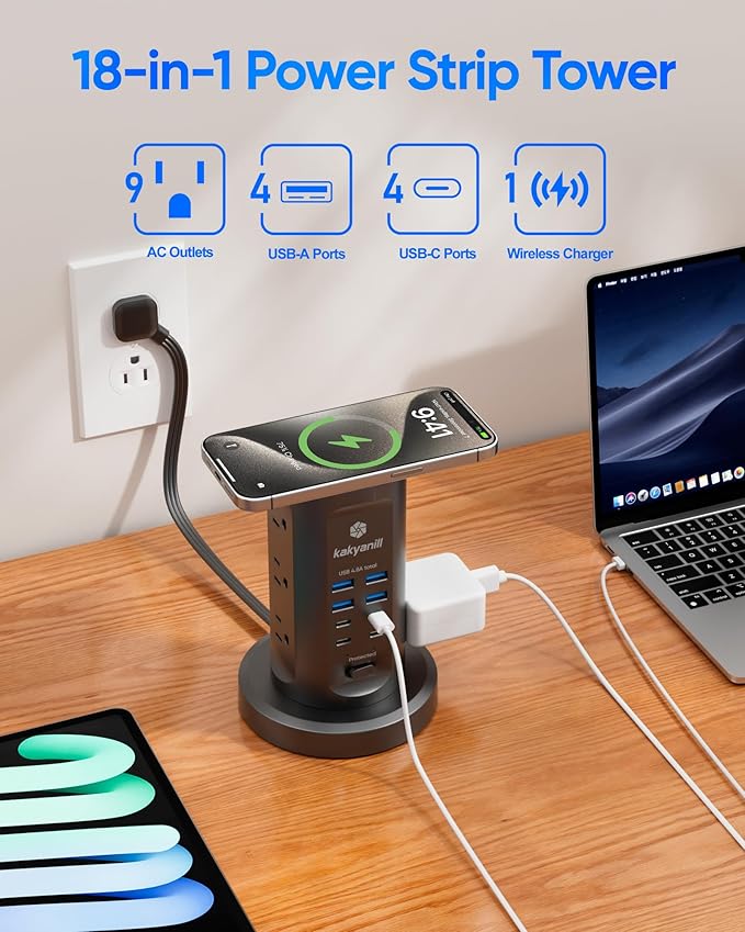 Power Strip Tower, kakyanill Surge Protector Tower 9 AC Outlets 8 USB (4 USB C), 6 Ft Retractable Extension Cord, Charging Station for Office Dorm Room, Black